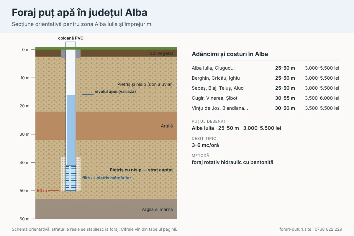 Schemă foraj puț apă în județul Alba: straturi de teren, adâncime 25-55 m, coloană PVC și filtru