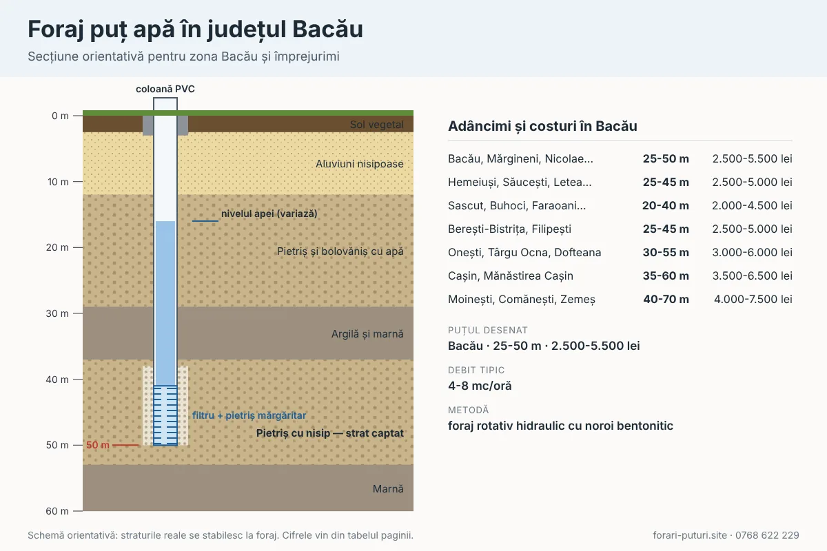 Schemă foraj puț apă în județul Bacău: straturi de teren, adâncime 20-70 m, coloană PVC și filtru