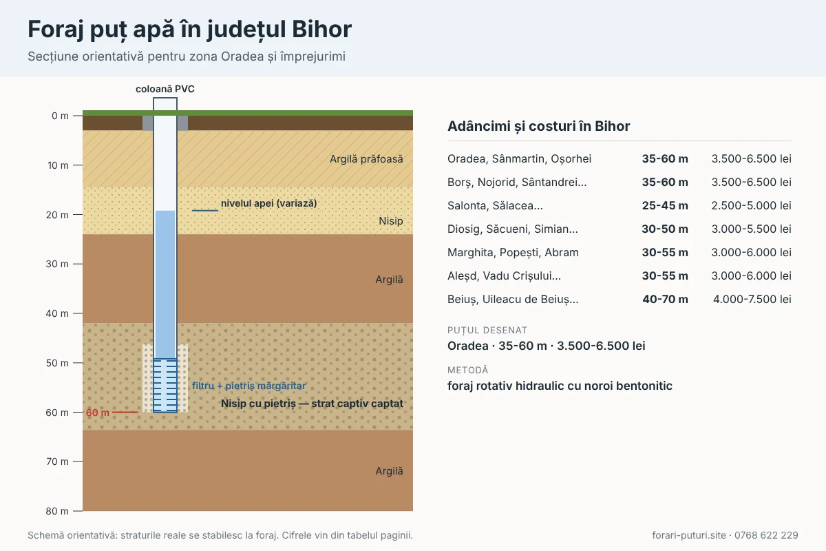 Schemă foraj puț apă în județul Bihor: straturi de teren, adâncime 25-70 m, coloană PVC și filtru