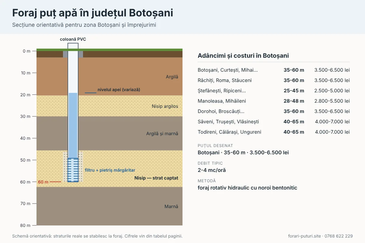 Schemă foraj puț apă în județul Botoșani: straturi de teren, adâncime 25-75 m, coloană PVC și filtru