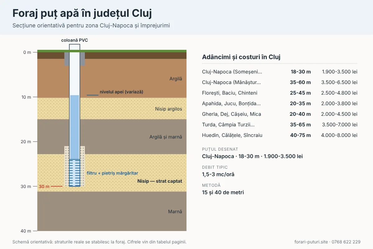 Schemă foraj puț apă în județul Cluj: straturi de teren, adâncime 18-75 m, coloană PVC și filtru