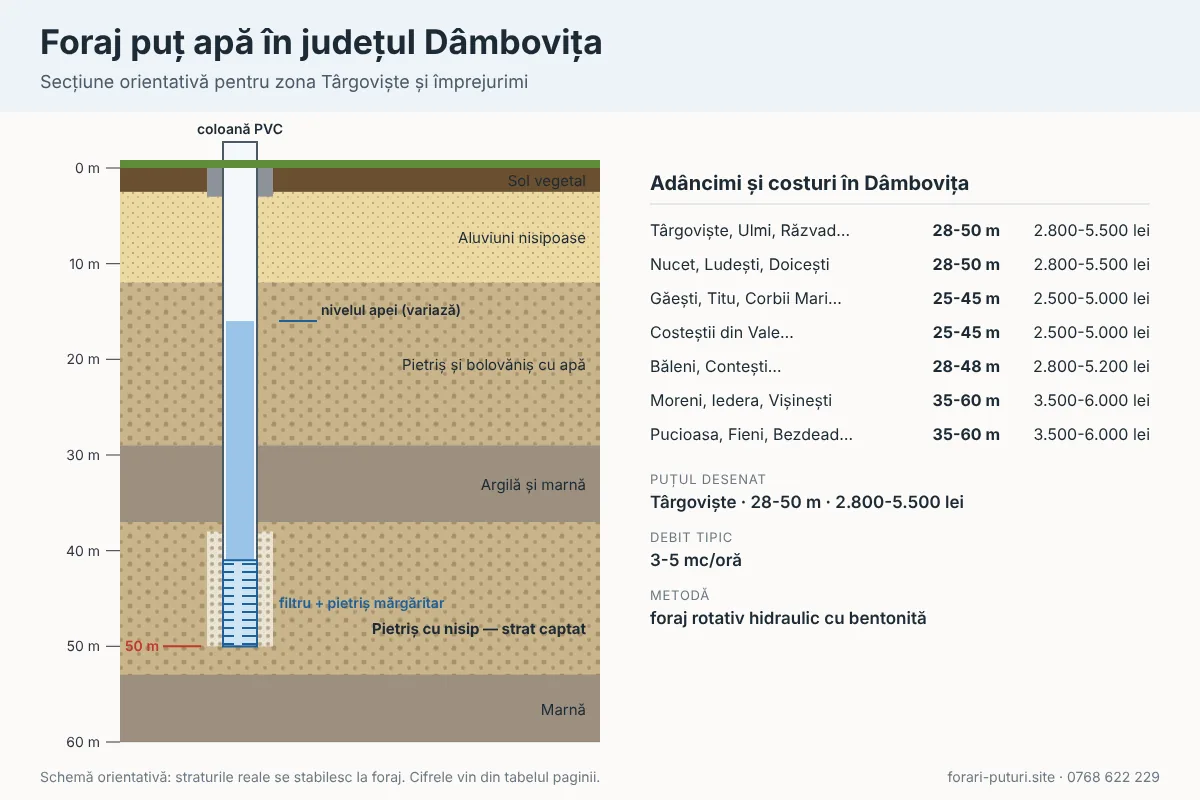 Schemă foraj puț apă în județul Dâmbovița: straturi de teren, adâncime 25-60 m, coloană PVC și filtru