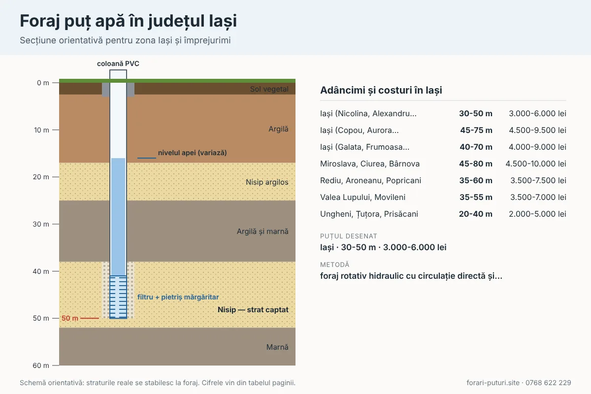 Schemă foraj puț apă în județul Iași: straturi de teren, adâncime 20-100 m, coloană PVC și filtru