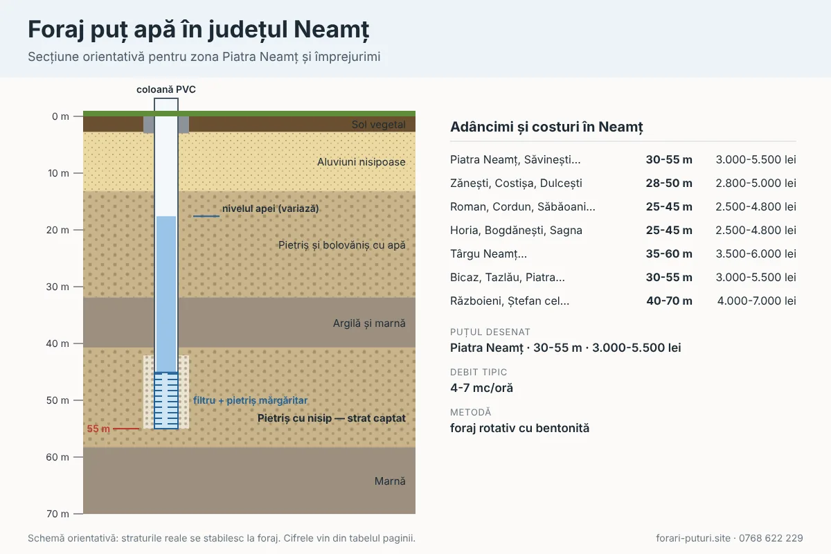 Schemă foraj puț apă în județul Neamț: straturi de teren, adâncime 25-70 m, coloană PVC și filtru
