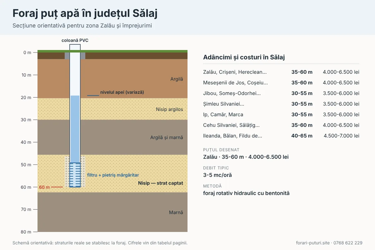 Schemă foraj puț apă în județul Sălaj: straturi de teren, adâncime 30-70 m, coloană PVC și filtru