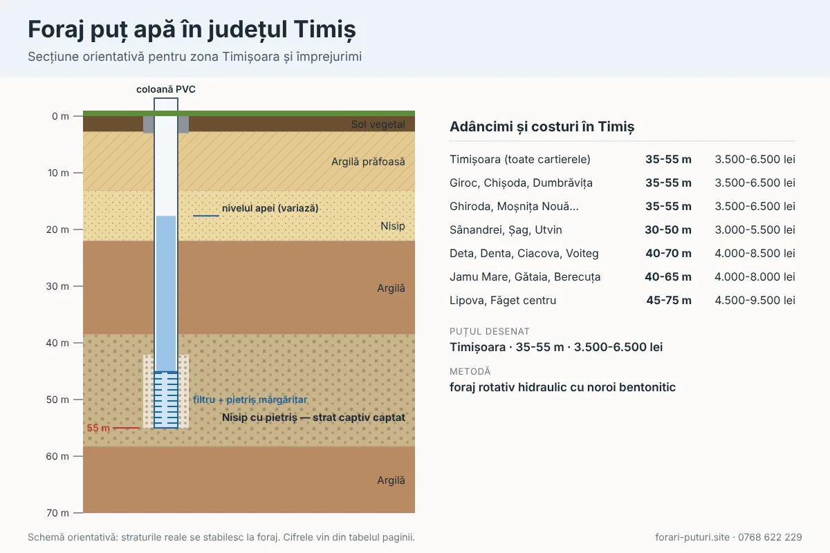 Schemă foraj puț apă în județul Timiș: straturi de teren, adâncime 30-100 m, coloană PVC și filtru