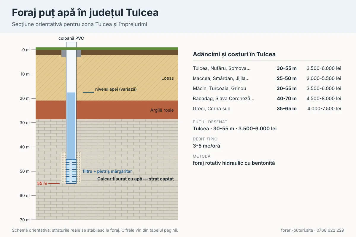 Schemă foraj puț apă în județul Tulcea: straturi de teren, adâncime 25-70 m, coloană PVC și filtru