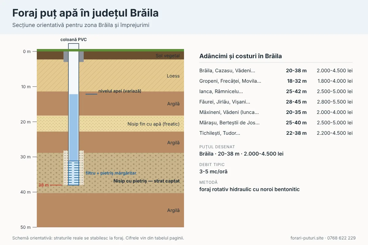 Schemă foraj puț apă în județul Brăila: straturi de teren, adâncime 18-45 m, coloană PVC și filtru